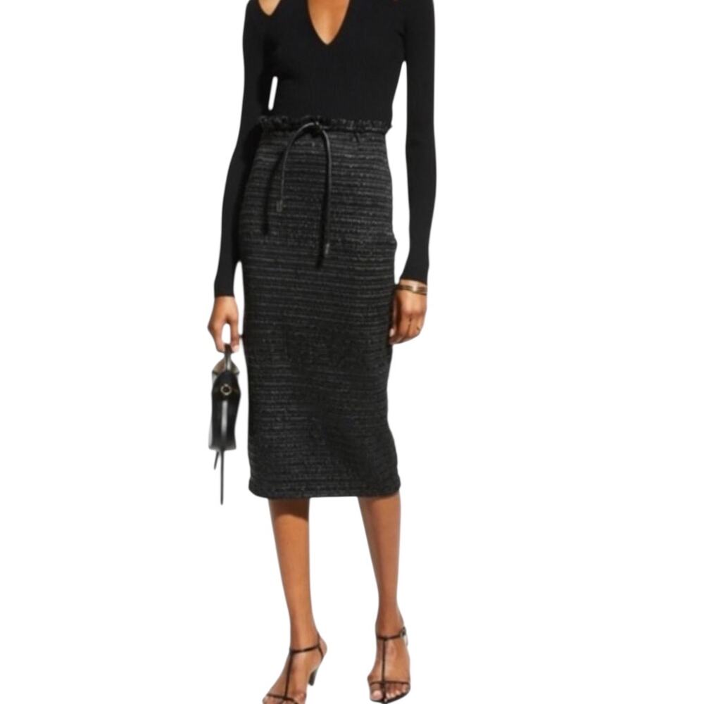 NEW NWT ALC Jaclyn Black Coated Ruched Drawstring Midi Skirt Size 8